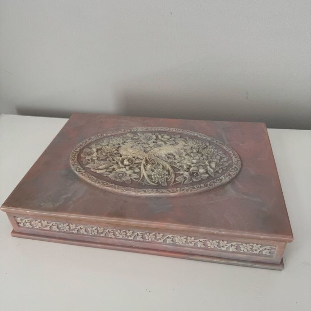 Vtg Hand Carved Stone Decorative Jewelry Box Ornate Peacock Floral Motif Large - Picture 4 of 12
